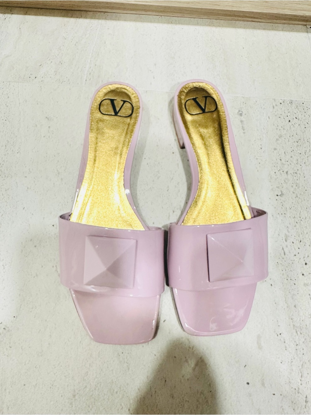 Valentino Garavani Lilac Patent Slide Mules with Gold Insole